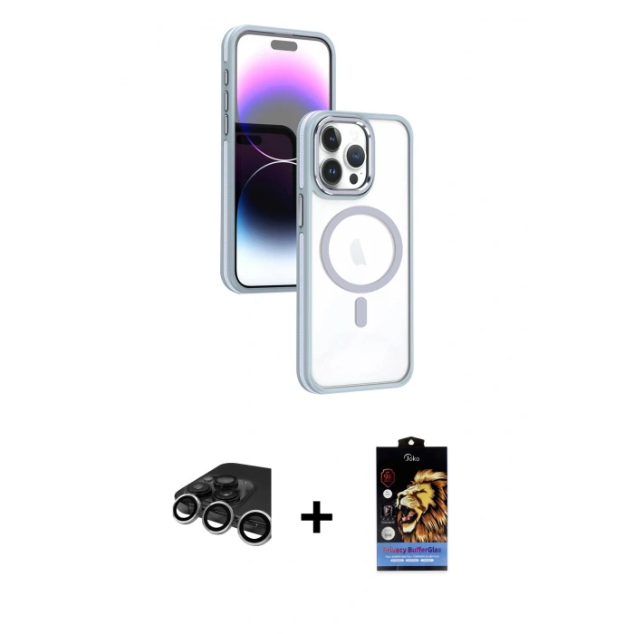MARSİLYAN™- iPhone 15 Pro Max Kılıf Yörünge Klasik - Siyah Buffer Hayalet Cam Ekran Koruyucu + Raze Metal Kamera Lens - GS