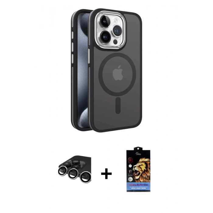 MARSİLYAN™- iPhone 15 Pro Max Kılıf Yörünge Klasik - Siyah Buffer Hayalet Cam Ekran Koruyucu + Raze Metal Kamera Lens - GS