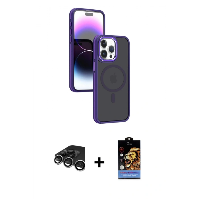 MARSİLYAN™- iPhone 15 Pro Max Kılıf Yörünge Klasik - Siyah Buffer Hayalet Cam Ekran Koruyucu + Raze Metal Kamera Lens - GS
