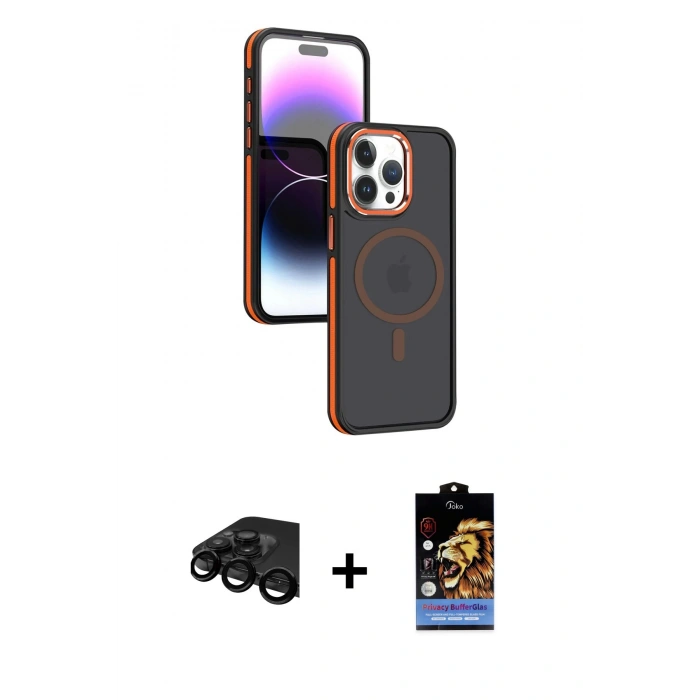 MARSİLYAN™- iPhone 15 Pro Max Kılıf Yörünge Klasik - Siyah Buffer Hayalet Cam Ekran Koruyucu + Raze Metal Kamera Lens - SH