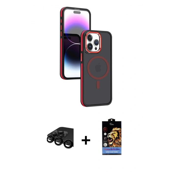 MARSİLYAN™- iPhone 15 Pro Max Kılıf Yörünge Klasik - Siyah Buffer Hayalet Cam Ekran Koruyucu + Raze Metal Kamera Lens - SH