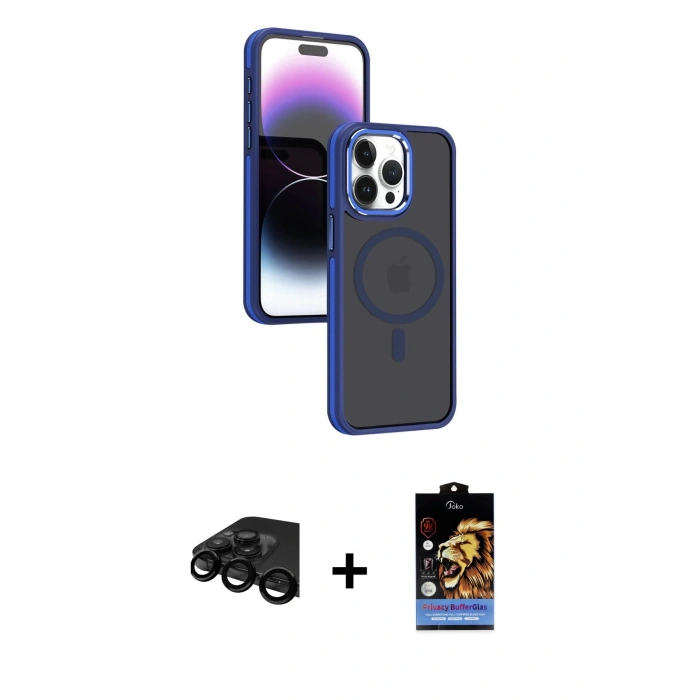 MARSİLYAN™- iPhone 15 Pro Max Kılıf Yörünge Klasik - Siyah Buffer Hayalet Cam Ekran Koruyucu + Raze Metal Kamera Lens - SH
