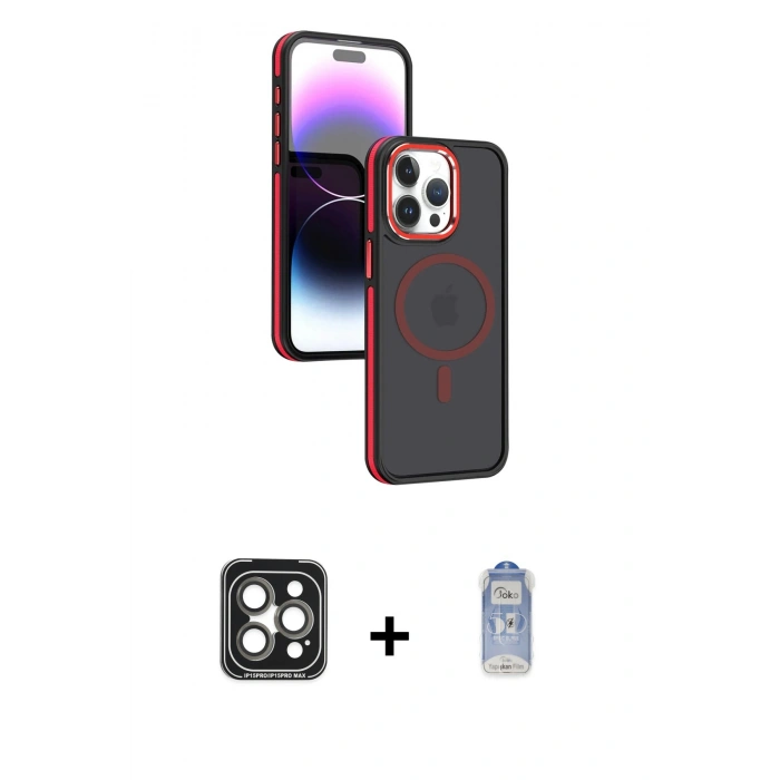 MARSİLYAN™- iPhone 15 Pro Max Kılıf Yörünge Klasik - Siyah Joko Magic 5D Cam + PVD Metal Kamera Lens - GI