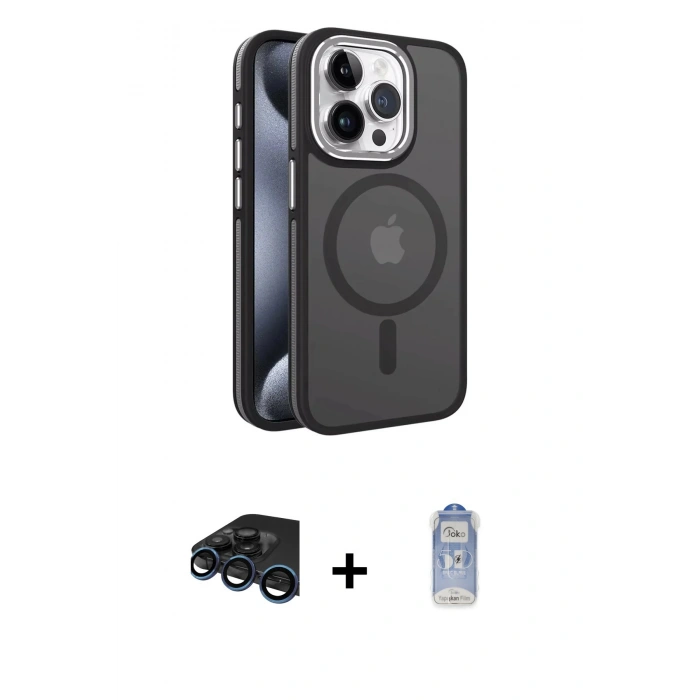 MARSİLYAN™- iPhone 15 Pro Max Kılıf Yörünge Klasik - Siyah Joko Magic 5D Cam + Raze Metal Kamera Lens - LT
