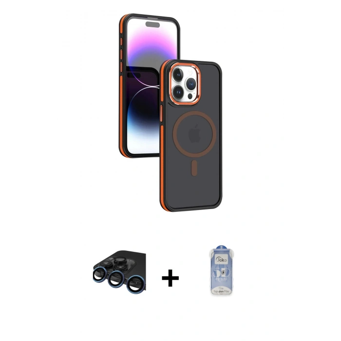 MARSİLYAN™- iPhone 15 Pro Max Kılıf Yörünge Klasik - Siyah Joko Magic 5D Cam + Raze Metal Kamera Lens - LT