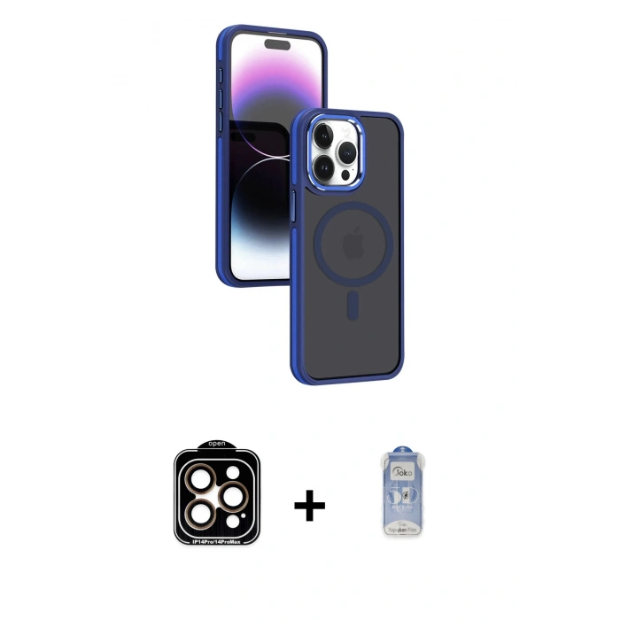 MARSİLYAN™- iPhone 15 Pro Max Kılıf Yörünge Klasik - Siyah Joko Magic 5D Cam + Turuncu PVD Metal Kamera Lens
