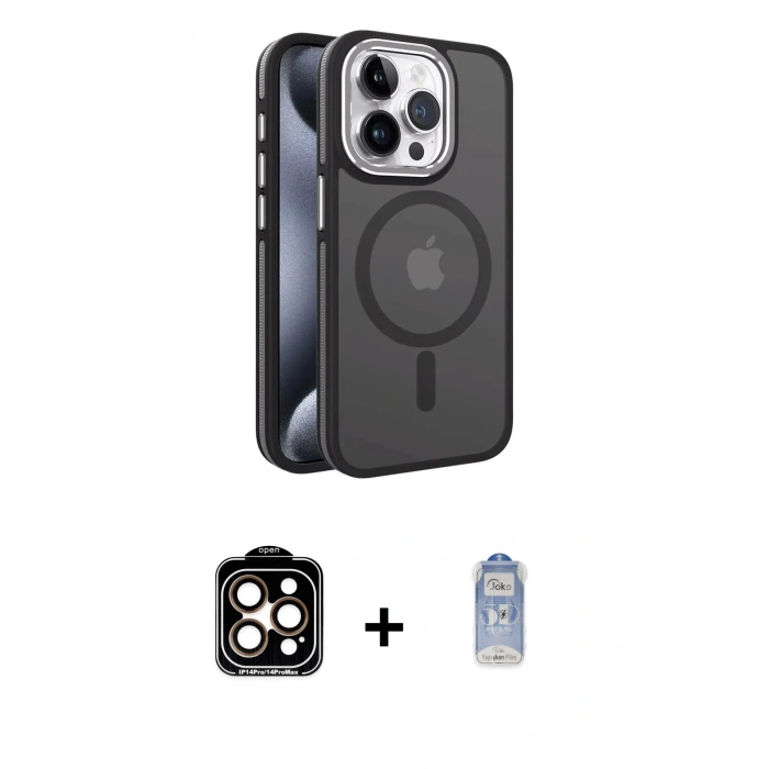 MARSİLYAN™- iPhone 15 Pro Max Kılıf Yörünge Klasik - Siyah Joko Magic 5D Cam + Turuncu PVD Metal Kamera Lens