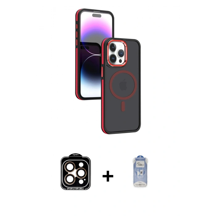 MARSİLYAN™- iPhone 15 Pro Max Kılıf Yörünge Klasik - Siyah Joko Magic 5D Cam + Turuncu PVD Metal Kamera Lens