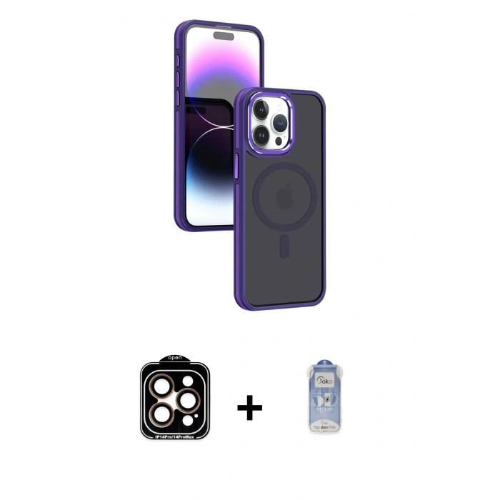MARSİLYAN™- iPhone 15 Pro Max Kılıf Yörünge Klasik - Siyah Joko Magic 5D Cam + Turuncu PVD Metal Kamera Lens