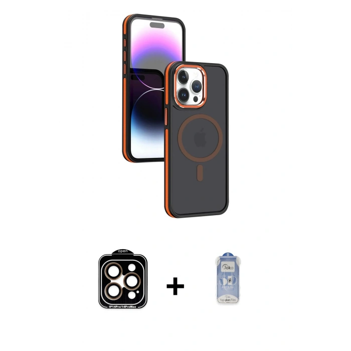 MARSİLYAN™- iPhone 15 Pro Max Kılıf Yörünge Klasik - Siyah Joko Magic 5D Cam + Turuncu PVD Metal Kamera Lens