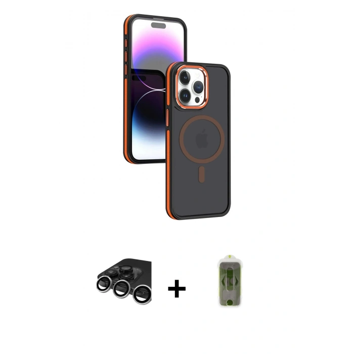 MARSİLYAN™- iPhone 15 Pro Max Kılıf Yörünge Klasik - Siyah Joko Magic 5D Hayalet Cam + Raze Metal Kamera Lens - GS