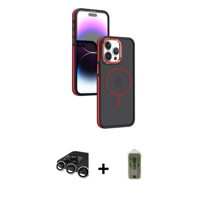 MARSİLYAN™- iPhone 15 Pro Max Kılıf Yörünge Klasik - Siyah Joko Magic 5D Hayalet Cam + Raze Metal Kamera Lens - GS