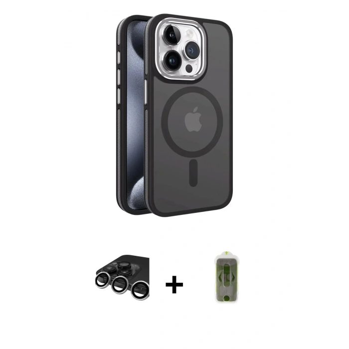 MARSİLYAN™- iPhone 15 Pro Max Kılıf Yörünge Klasik - Siyah Joko Magic 5D Hayalet Cam + Raze Metal Kamera Lens - GS