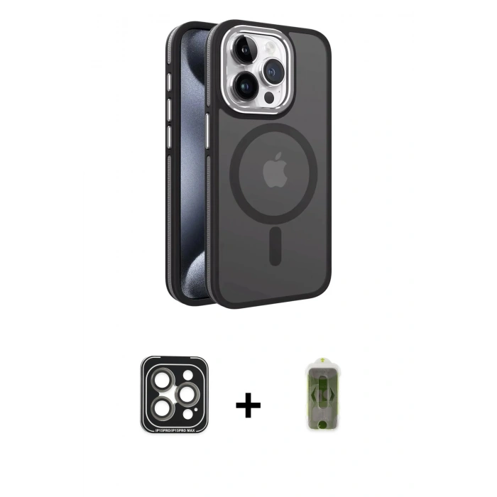 MARSİLYAN™- iPhone 15 Pro Max Kılıf Yörünge Klasik - Siyah Joko Magic 5D Hayalet Cam + PVD Metal Kamera Lens - GI