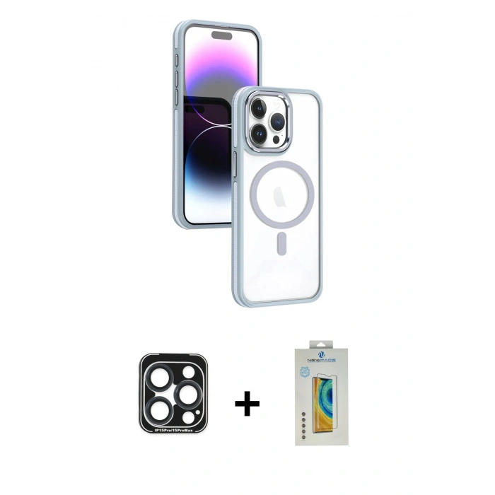 MARSİLYAN™- iPhone 15 Pro Max Kılıf Yörünge Klasik - Siyah Polymer Nano Ekran Koruyucu + Lacivert PVD Metal Kamera Lens
