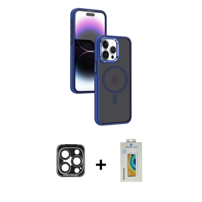 MARSİLYAN™- iPhone 15 Pro Max Kılıf Yörünge Klasik - Siyah Polymer Nano Ekran Koruyucu + Lacivert PVD Metal Kamera Lens