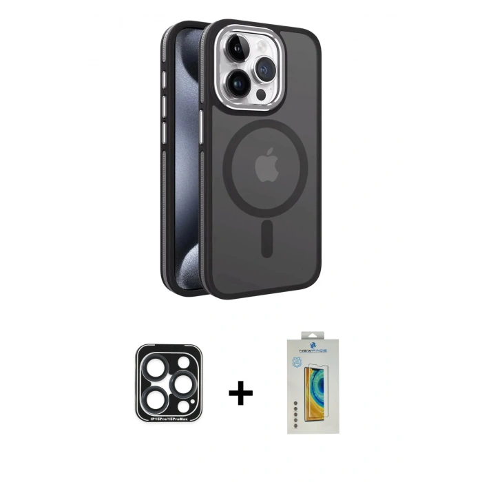 MARSİLYAN™- iPhone 15 Pro Max Kılıf Yörünge Klasik - Siyah Polymer Nano Ekran Koruyucu + Lacivert PVD Metal Kamera Lens