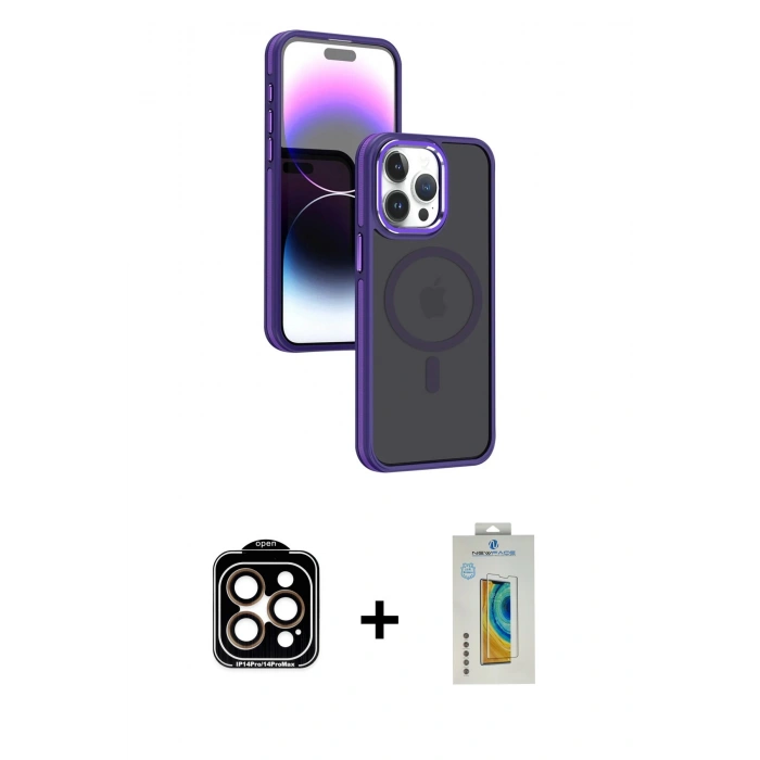 MARSİLYAN™- iPhone 15 Pro Max Kılıf Yörünge Klasik - Siyah Polymer Nano Ekran Koruyucu + PVD Metal Kamera Lens - TU
