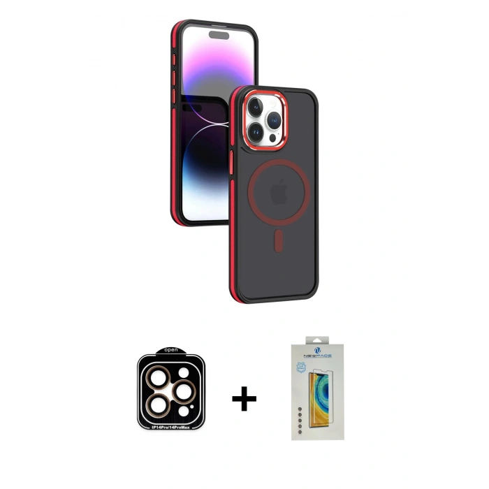 MARSİLYAN™- iPhone 15 Pro Max Kılıf Yörünge Klasik - Siyah Polymer Nano Ekran Koruyucu + PVD Metal Kamera Lens - TU