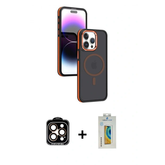 MARSİLYAN™- iPhone 15 Pro Max Kılıf Yörünge Klasik - Siyah Polymer Nano Ekran Koruyucu + PVD Metal Kamera Lens - TU