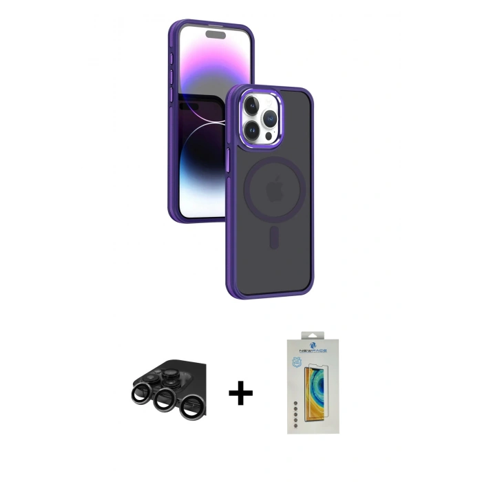 MARSİLYAN™- iPhone 15 Pro Max Kılıf Yörünge Klasik - Siyah Polymer Nano Ekran Koruyucu + Raze Metal Kamera Lens - TMGI