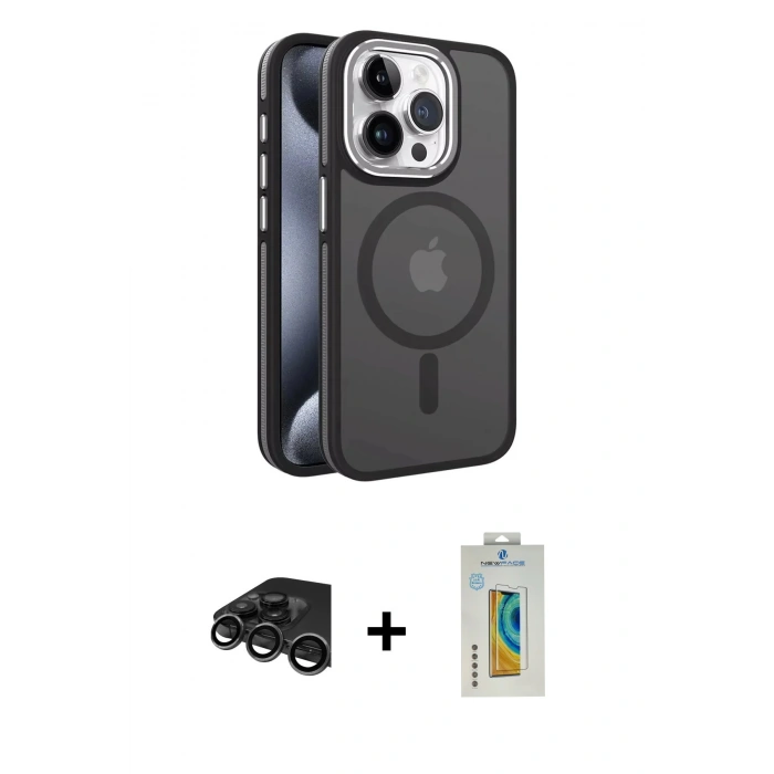 MARSİLYAN™- iPhone 15 Pro Max Kılıf Yörünge Klasik - Siyah Polymer Nano Ekran Koruyucu + Raze Metal Kamera Lens - TMGI