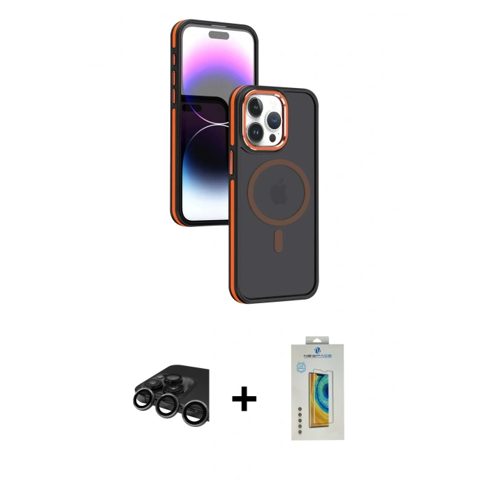 MARSİLYAN™- iPhone 15 Pro Max Kılıf Yörünge Klasik - Siyah Polymer Nano Ekran Koruyucu + Raze Metal Kamera Lens - TMGI
