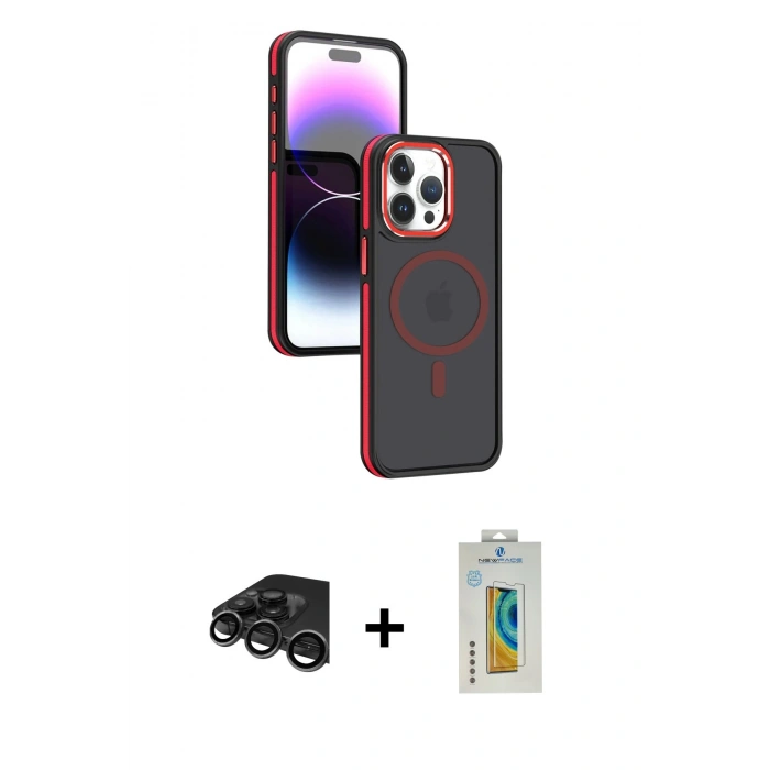 MARSİLYAN™- iPhone 15 Pro Max Kılıf Yörünge Klasik - Siyah Polymer Nano Ekran Koruyucu + Raze Metal Kamera Lens - TMGI