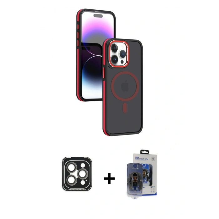 MARSİLYAN™- iPhone 15 Pro Max Kılıf Yörünge Klasik - Siyah Vanessa Magic Cam + PVD Metal Kamera Lens - GI