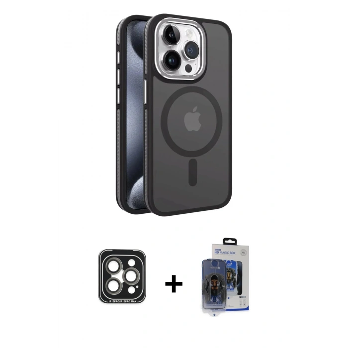 MARSİLYAN™- iPhone 15 Pro Max Kılıf Yörünge Klasik - Siyah Vanessa Magic Cam + PVD Metal Kamera Lens - GI