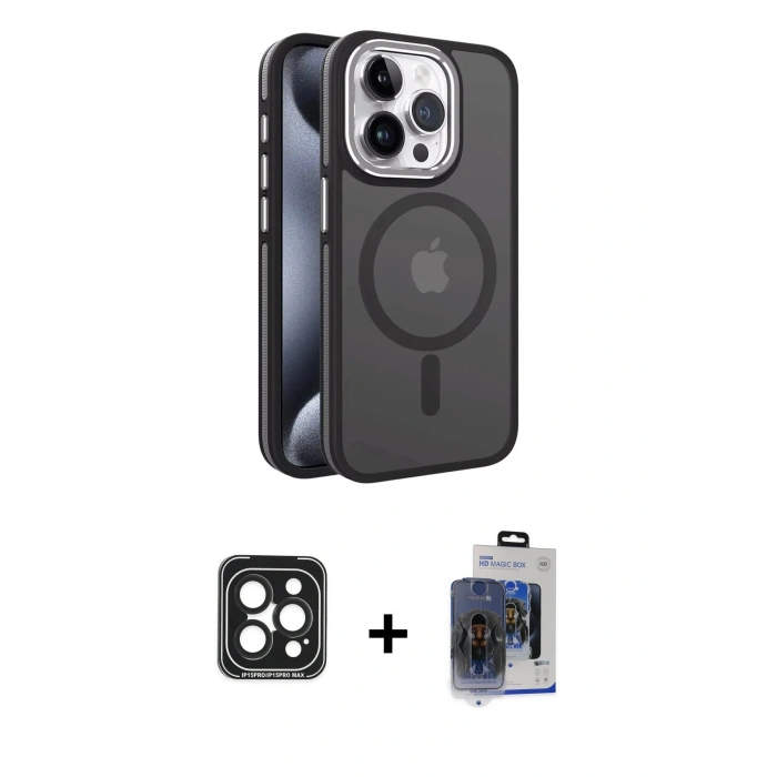 MARSİLYAN™- iPhone 15 Pro Max Kılıf Yörünge Klasik - Siyah Vanessa Magic Cam + PVD Metal Kamera Lens - SH