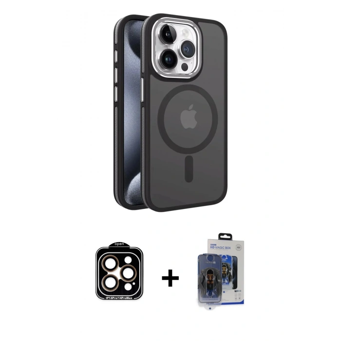 MARSİLYAN™- iPhone 15 Pro Max Kılıf Yörünge Klasik - Siyah Vanessa Magic Cam + PVD Metal Kamera Lens - TU