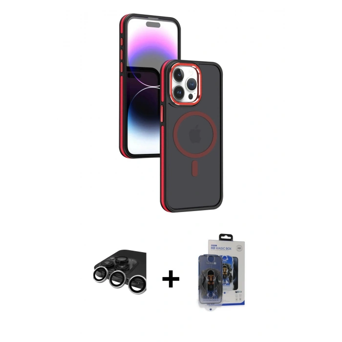 MARSİLYAN™- iPhone 15 Pro Max Kılıf Yörünge Klasik - Siyah Vanessa Magic Cam + Raze Metal Kamera Lens - GS