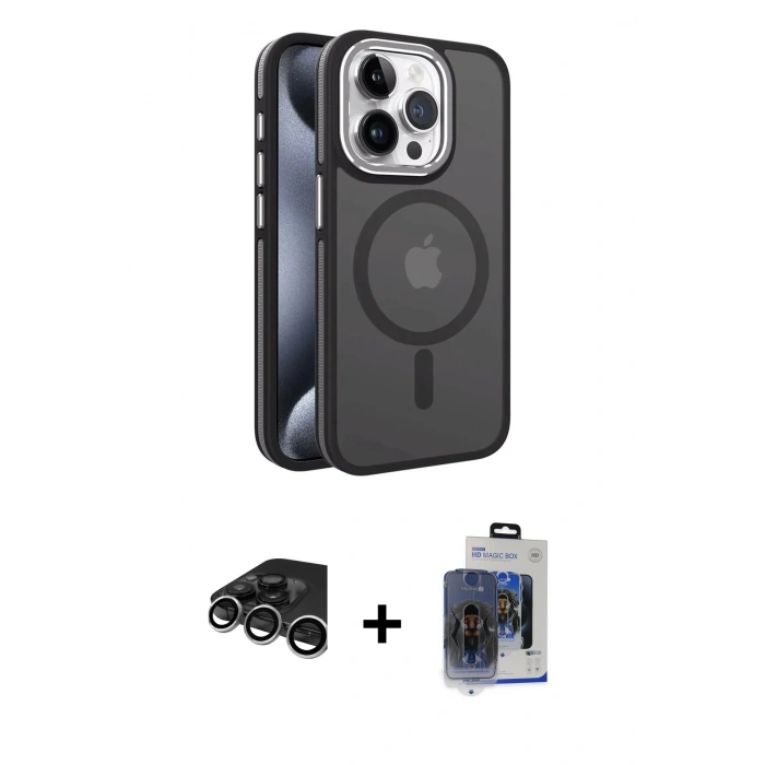MARSİLYAN™- iPhone 15 Pro Max Kılıf Yörünge Klasik - Siyah Vanessa Magic Cam + Raze Metal Kamera Lens - GS