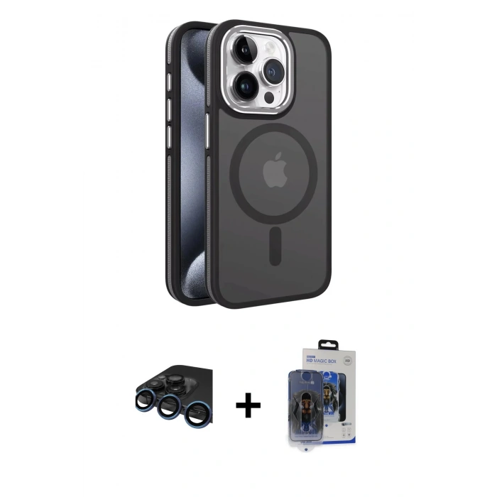 MARSİLYAN™- iPhone 15 Pro Max Kılıf Yörünge Klasik - Siyah Vanessa Magic Cam + Raze Metal Kamera Lens - LT