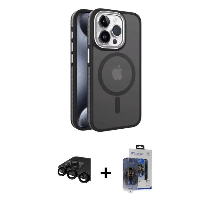MARSİLYAN™- iPhone 15 Pro Max Kılıf Yörünge Klasik - Siyah Vanessa Magic Cam + Raze Metal Kamera Lens - SH