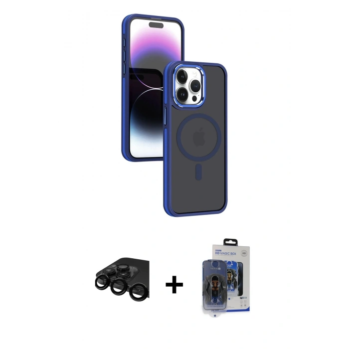 MARSİLYAN™- iPhone 15 Pro Max Kılıf Yörünge Klasik - Siyah Vanessa Magic Cam + Raze Metal Kamera Lens - SH