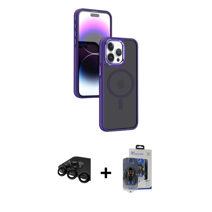 MARSİLYAN™- iPhone 15 Pro Max Kılıf Yörünge Klasik - Siyah Vanessa Magic Cam + Raze Metal Kamera Lens - SH