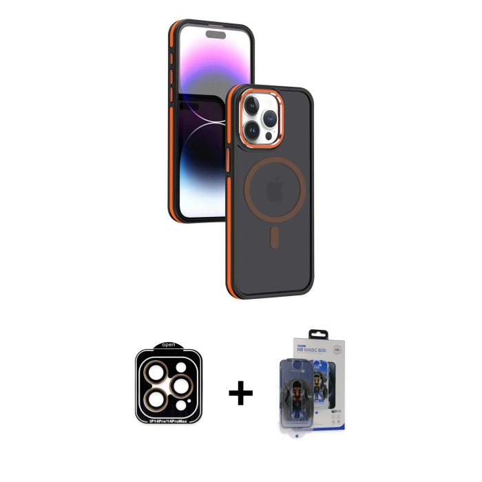 MARSİLYAN™- iPhone 15 Pro Max Kılıf Yörünge Klasik - Siyah Vanessa Magic Cam + PVD Metal Kamera Lens - TU