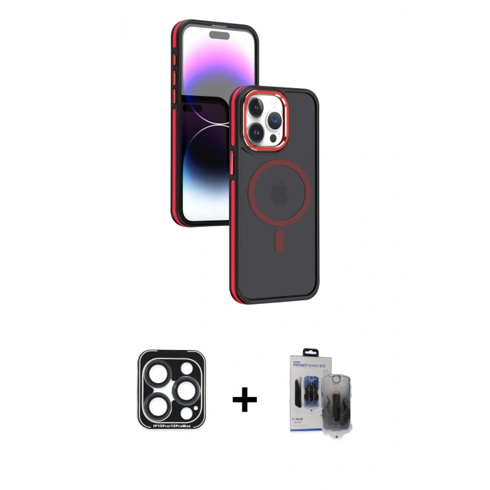 MARSİLYAN™- iPhone 15 Pro Max Kılıf Yörünge Klasik - Siyah Vanessa Magic Hayalet Cam + PVD Metal Kamera Lens - LT