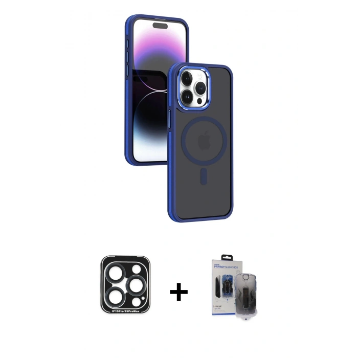 MARSİLYAN™- iPhone 15 Pro Max Kılıf Yörünge Klasik - Siyah Vanessa Magic Hayalet Cam + PVD Metal Kamera Lens - LT