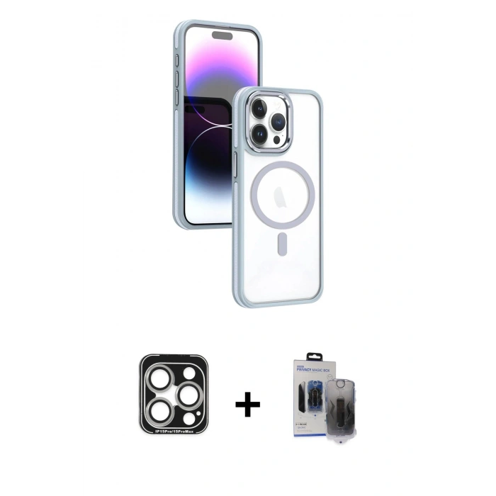 MARSİLYAN™- iPhone 15 Pro Max Kılıf Yörünge Klasik - Siyah Vanessa Magic Hayalet Cam + PVD Metal Kamera Lens - GS