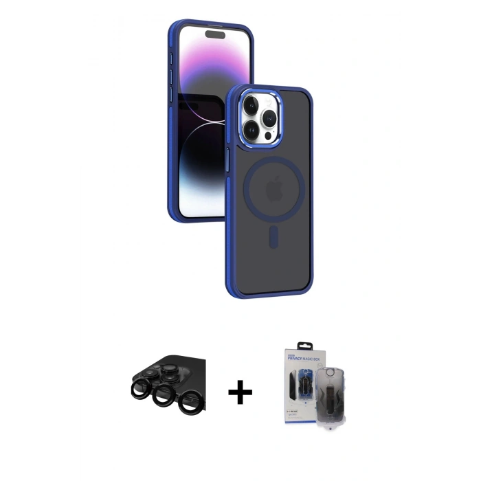 MARSİLYAN™- iPhone 15 Pro Max Kılıf Yörünge Klasik - Siyah Vanessa Magic Hayalet Cam + Raze Metal Kamera Lens - SH