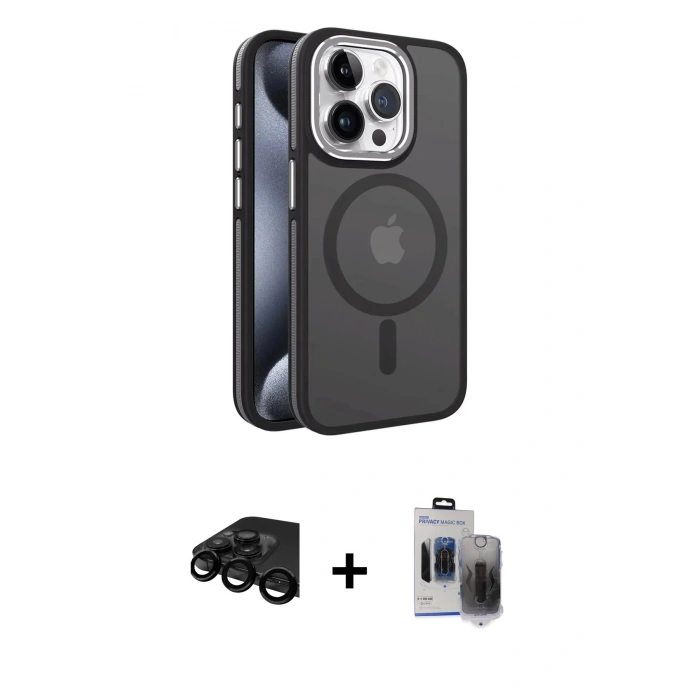 MARSİLYAN™- iPhone 15 Pro Max Kılıf Yörünge Klasik - Siyah Vanessa Magic Hayalet Cam + Raze Metal Kamera Lens - SH