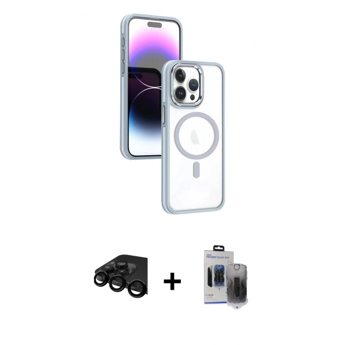 MARSİLYAN™- iPhone 15 Pro Max Kılıf Yörünge Klasik - Siyah Vanessa Magic Hayalet Cam + Raze Metal Kamera Lens - SH