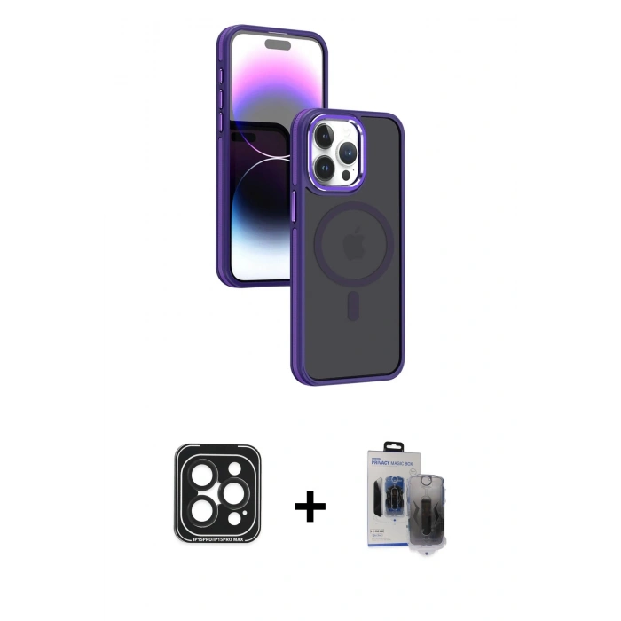 MARSİLYAN™- iPhone 15 Pro Max Kılıf Yörünge Klasik - Siyah Vanessa Magic Hayalet Cam + PVD Metal Kamera Lens - SH
