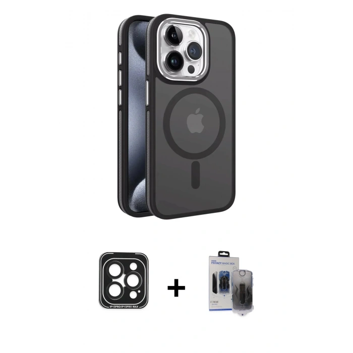 MARSİLYAN™- iPhone 15 Pro Max Kılıf Yörünge Klasik - Siyah Vanessa Magic Hayalet Cam + PVD Metal Kamera Lens - SH