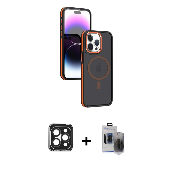 MARSİLYAN™- iPhone 15 Pro Max Kılıf Yörünge Klasik - Siyah Vanessa Magic Hayalet Cam + PVD Metal Kamera Lens - SH