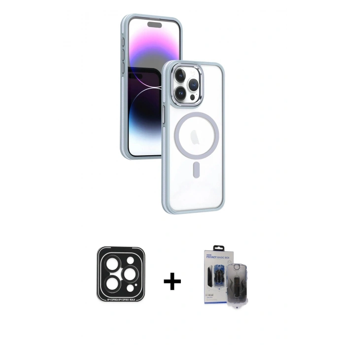 MARSİLYAN™- iPhone 15 Pro Max Kılıf Yörünge Klasik - Siyah Vanessa Magic Hayalet Cam + PVD Metal Kamera Lens - SH