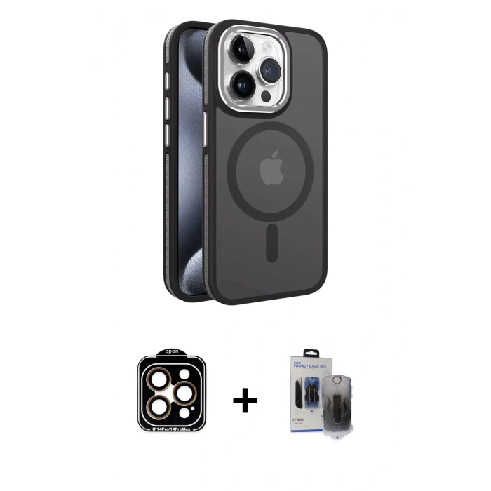 MARSİLYAN™- iPhone 15 Pro Max Kılıf Yörünge Klasik - Siyah Vanessa Magic Hayalet Cam + PVD Metal Kamera Lens - TU
